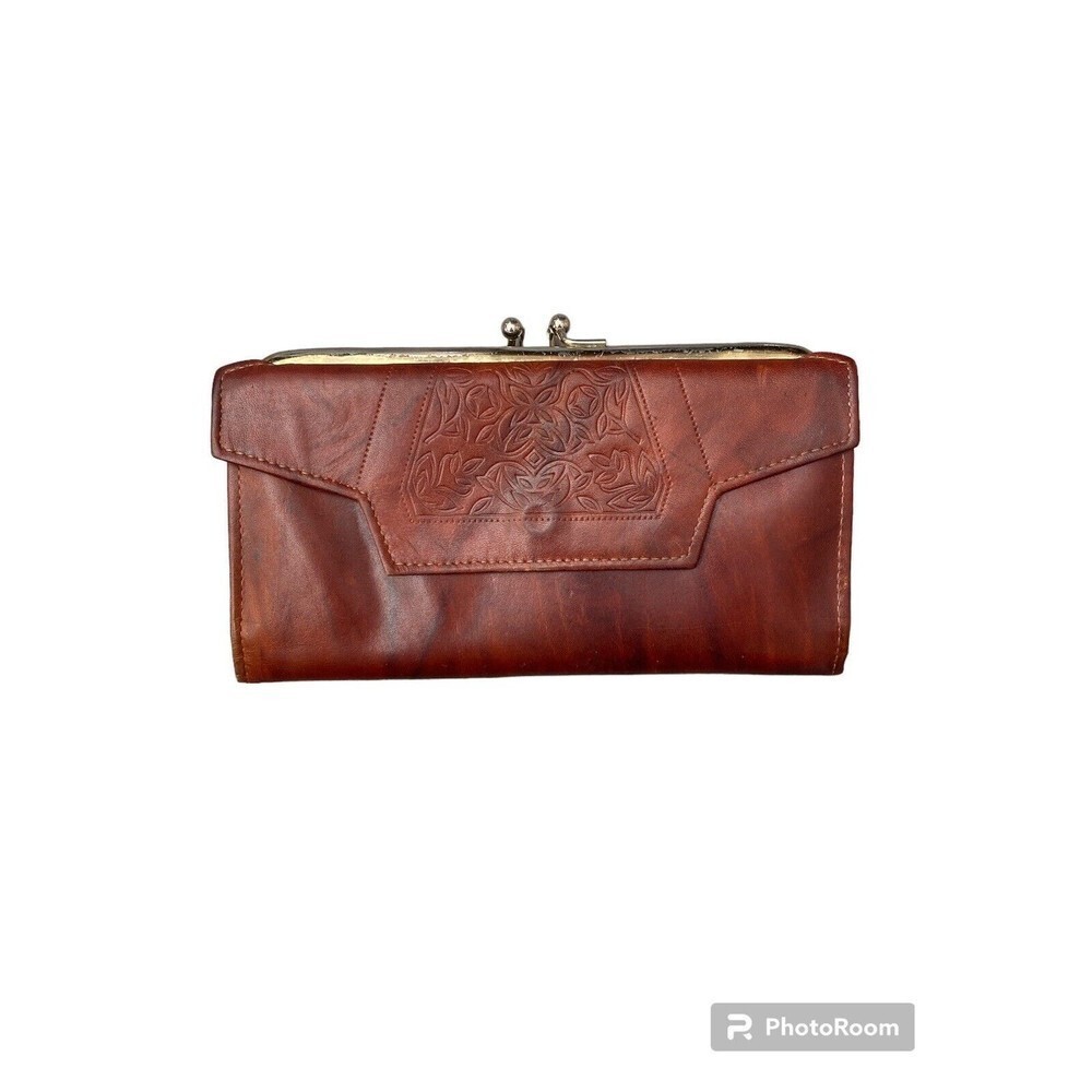 PRINCESS GARDNER Vintage Tripartite French Purse Wallet Brown Cowhide 3.5x7”